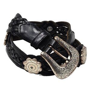 Fossil Braided Woven Black Leather Belt With Silver Accents & Western Buckle Des